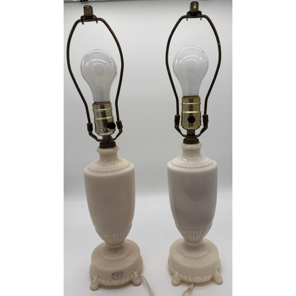 Vintage Pair Alacite By Aladdin Table Lamps Cream Ivory Art Deco Urn Style Works